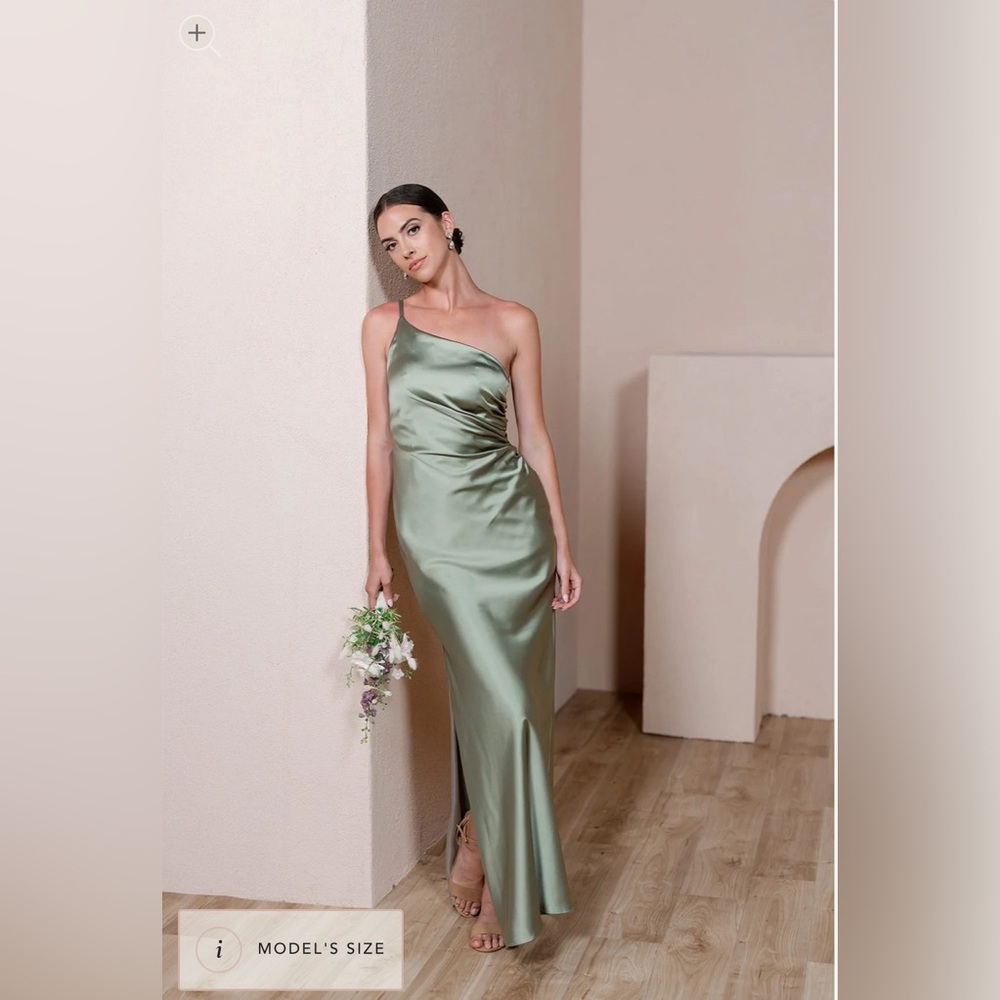 Revelry Jade Satin dress, Size 6 in color Silver Sage (711). Worn once!